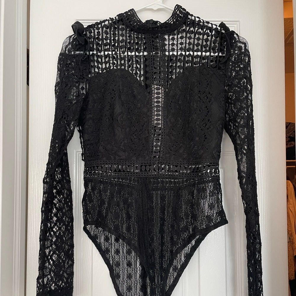 Sexy black mock turtleneck crochet bodysuit- NWT